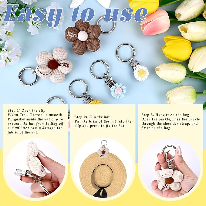 6 Pcs Flower Hat Clips for Travel on Bag Non-Magnetic Secure Hat Holder with PE Pad Waterproof Resin & Fabric Cute Travel Accessories for Women Backpack Luggage Beach