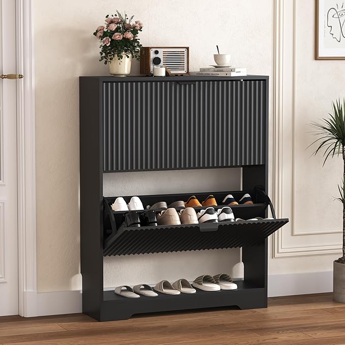 Shoe Cabinet Storage for Entryway with 2 Flip Drawers, Black Fluted Shoe Cabinet with Open Storage, Wooden Hidden Shoe Rack Freestanding Narrow Slim Shoes Organizer for Hallway, Entrance