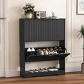 Shoe Cabinet Storage for Entryway with 2 Flip Drawers, Black Fluted Shoe Cabinet with Open Storage, Wooden Hidden Shoe Rack Freestanding Narrow Slim Shoes Organizer for Hallway, Entrance