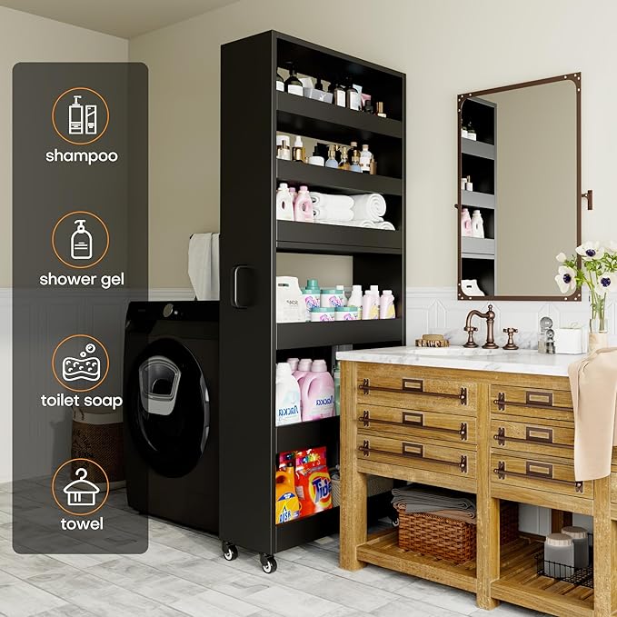 Slim Storage Cart, Lightweight 6 Tier Metal Rolling Utility Kitchen Cart on Wheels, Mobile Storage Shelving Unit Organizer for Bathroom Laundry Office Narrow Places (Black, 10" D)