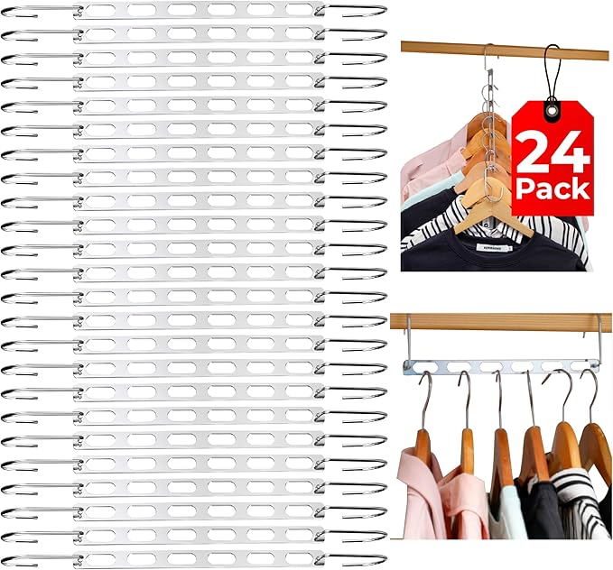 Collapsible Clothes Hanger Organizer - 6 Hole Space Saving Cascading Hangers for Closet Organization - Premium Metal - 24 pc