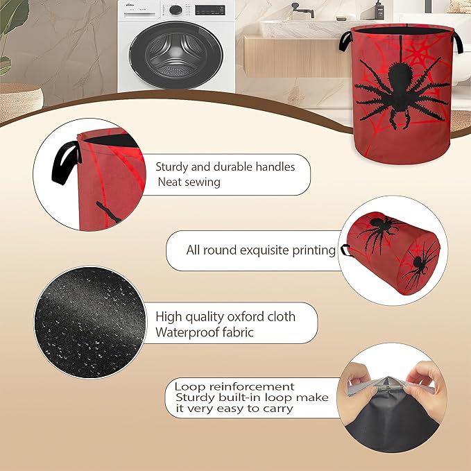 Laundry Hamper,Halloween Black Spider Laundry Basket,Red Spider Web Portable Collapsible Laundry Room Organization Storage for Dorm Room,Nursery,Bathroom,Bedroom,16x20 Inch