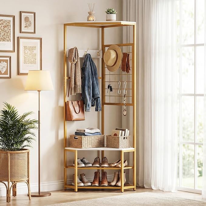 Giantex Corner Hall Tree with Shoe Bench, 4-Tier Freestanding Coat Rack with Hooks & 2-Tier Metal Wire Shoe Rack, Modern Corner Storage Organizer for Entryway, Hallway, Bedroom