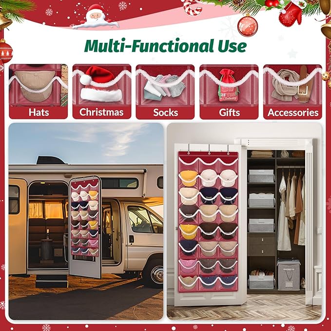 LoforHoney Hat Organizer for Baseball Caps, Over The Door Hat Rack with 24-Pocket, 3 Hooks, Christmas Organizer for Santa Hats, Stockings, Gifts, Festive Red with White Fluffy Trim-Ideal Holiday Gift