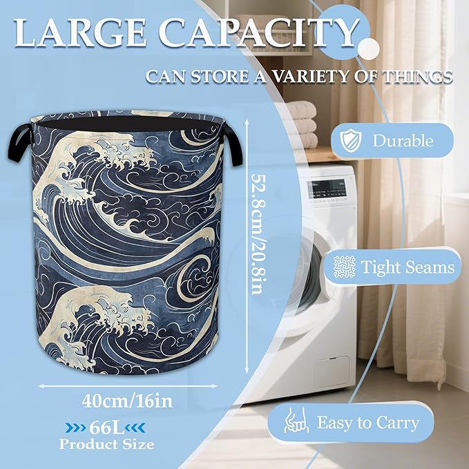 Vintage Sea Waves Large Storage Basket Collapsible Laundry Basket Oxford Storage Bin for Toy Bins Gift Baskets Bedroom Clothes Children Nursery Hamper 16" X 20.8"
