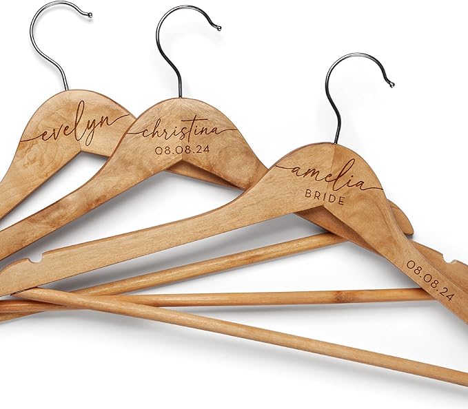 Set of 4, Personalized Bridesmaid Hanger, Wedding Hangers Custom w/Name & Title - Natural Wood - 2 Color Options, Bridal Dress Hanger