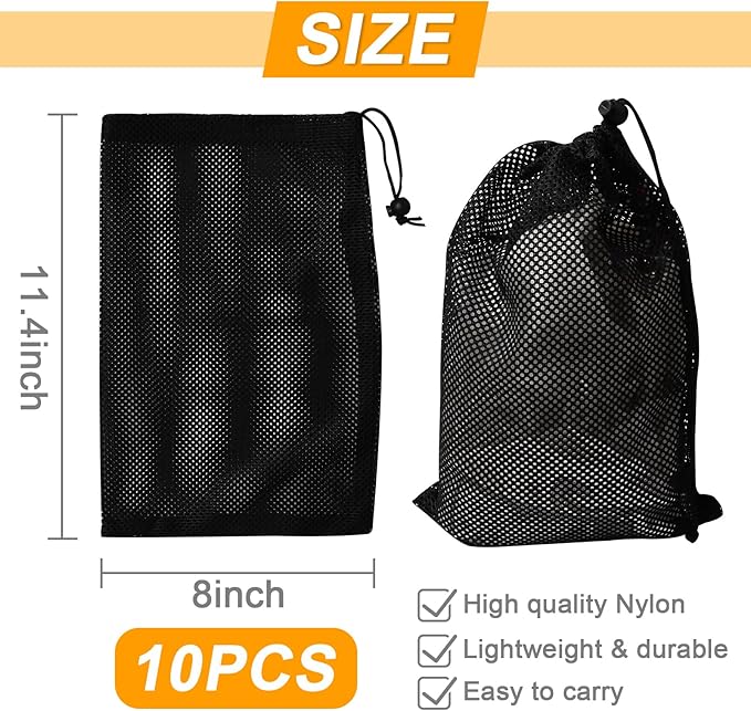 10Pcs Nylon Mesh Drawstring Bag,8 x 11.4 Inch Nylon Mesh Bags with Drawstrings Black Bags with Cord Lock Closure for Balls and Travel Laundry Bag