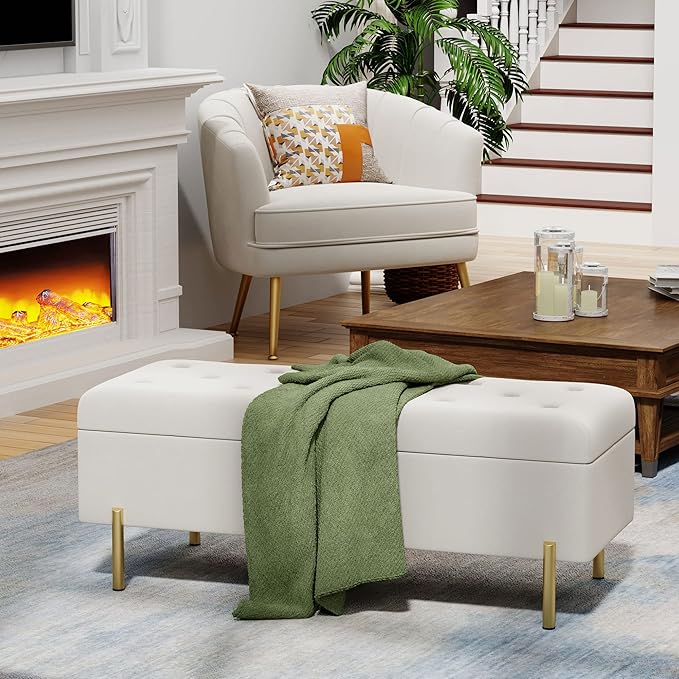 Andeworld Velvet Storage Bench, Modern Bedroom Bench, Upholstered Tufted Large Settee Ottoman with Storage Bench for Bedroom,Living Room,Entryway, Ivory