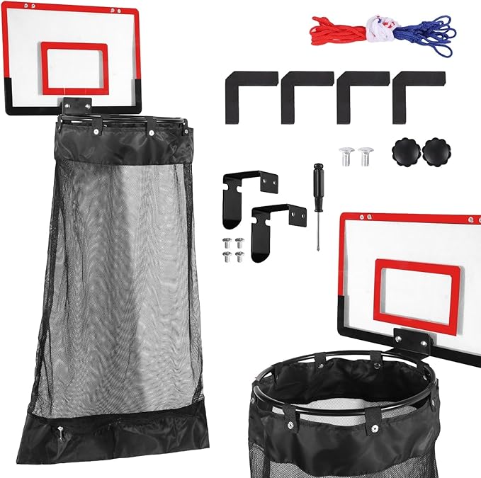 Over the Door Basketball Laundry Hamper, Hanging Laundry Basket with Basketball Hoop, Basketballs Laundry Hamper with Zipper, Removable Basketballs Hoop Laundry for Room Bathroom (Red)