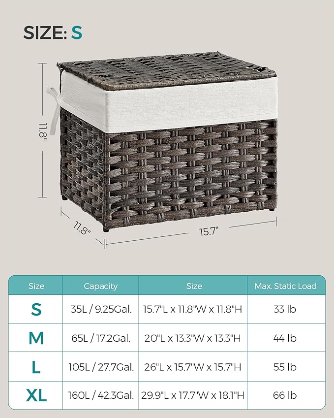 SONGMICS Storage Basket with Lid, Woven Blanket Storage Bin with Handles, Foldable, Removable Liner, Metal Frame, for Bedroom, Laundry Room, 9.2 Gallons (35 L), Brown URST040K01