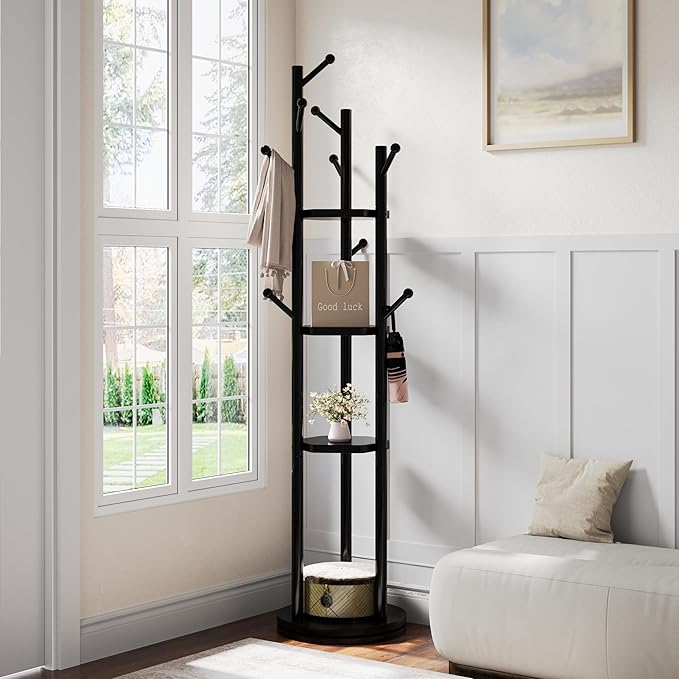 Solid Wood Coat Rack Freestanding, Rotating Coat Rack with 3 Shelves and 9 Hooks, Coat Tree for Bedroom, Entryway, Livingroom, Coat Hanger Stand for Coats, Scarves, Handbags (Black)