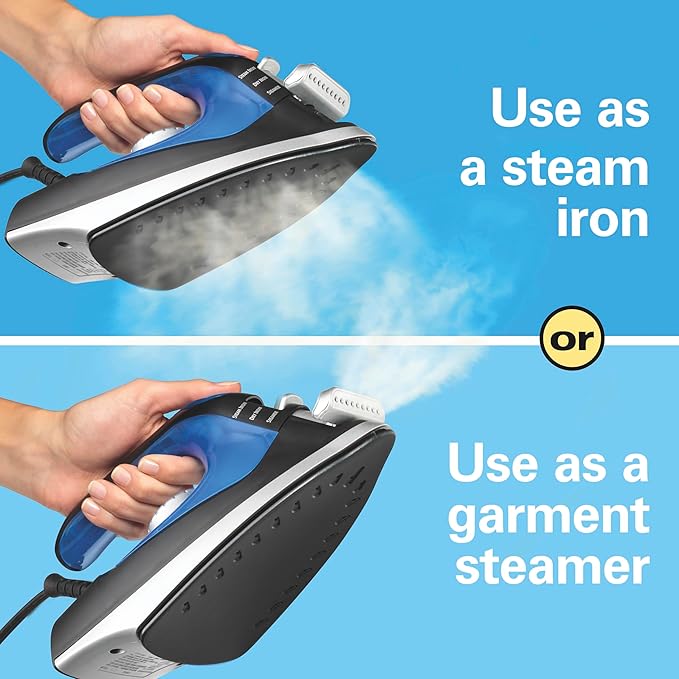 Hamilton Beach 2-in-1 Steam Iron for Clothes and Garment Steamer with 5 Temperature Settings, Nonstick Soleplate, 1200 Watts, 8’ Cord, Black & Blue (14525F)