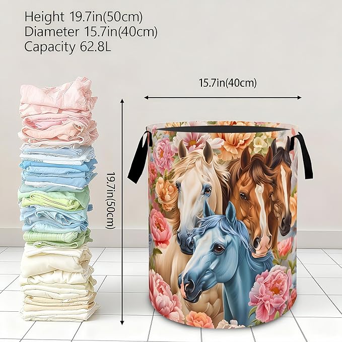 Elegant Horse Flower Laundry Basket,Rustic Dirty Clothes Hamper,Floral and Animal Storage Bin Gifts,Foldable Waterproof Oxford Cloth Baskets for Bathroom,Bedroom,Home Decoration(19.7" x 15.8")