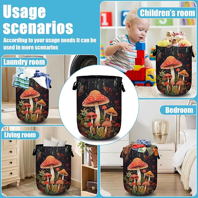 Mushrooms Forest Laundry Basket, Laundry Hamper Collapsible Oxford Cloth with Handle Clothes Toy Storage Bin for Bathroom Laundry Room Bedroom 15.7 X 20 Inch