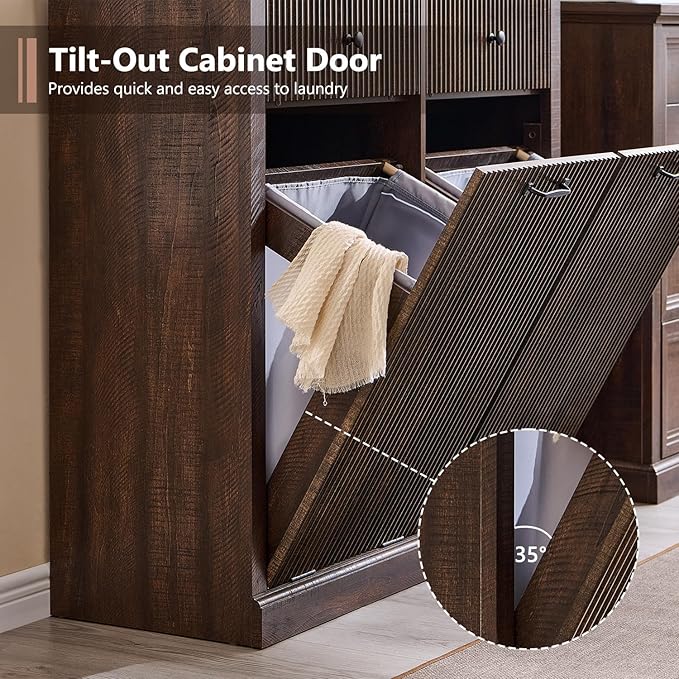 Modern Double Tilt-Out Laundry Hamper Cabinet, 20 Gallon Fluted Trash Can Cabinet w/2 Drawers, Wooden Hidden Garbage Can Cabinets w/Laundry Basket, Free Standing for Bathroom and Kitchen, Brown