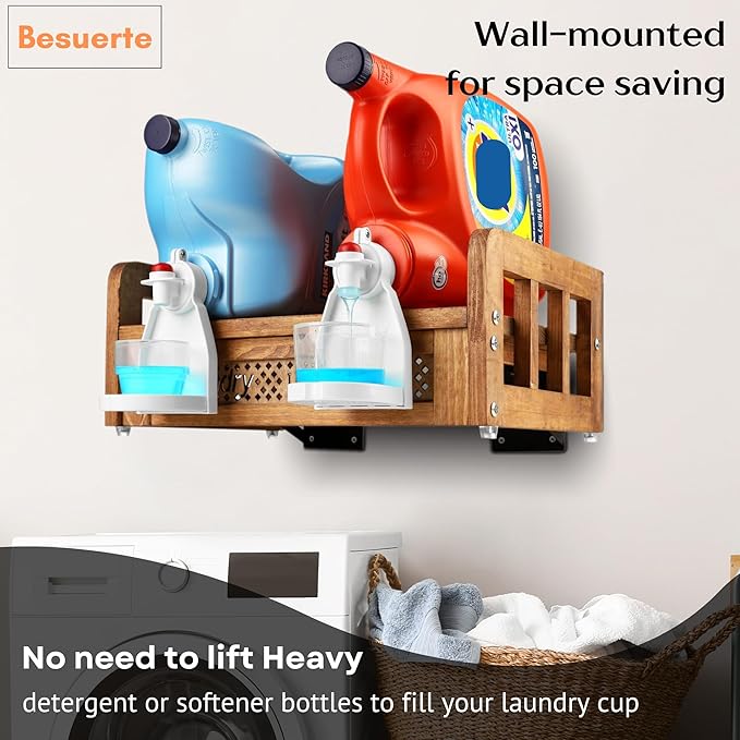 Besuerte Wood Liquid Laundry Detergent Holder, Detergent Dispenser for Laundry Room - Farmhouse Hanging Laundry Station Storage Laundry Detergent Stand Hold Two Laundry Bottles, Nut Brown