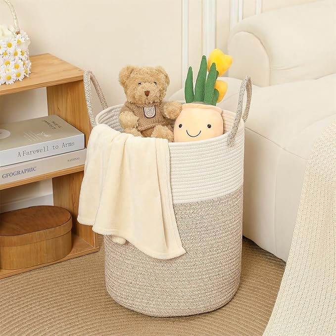 60L Large Woven Laundry Basket Hamper, 100% Natural Cotton Rope, Handwoven & Durable, Storage for Blankets, Toys, Clothes, Nursery Hamper for Living Room, Baby Room, Bedroom (Brown and White)