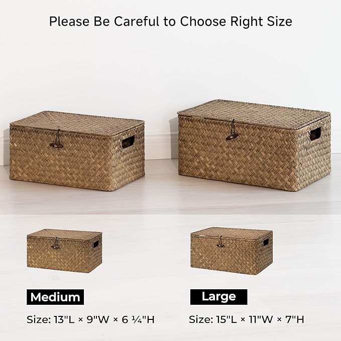 StorageWorks Wicker Baskets with Lid for Organizing, Seagrass Storage Baskets for Shelves, Decorative Box with Built-in Handles, Brown, Medium, 1 Pack