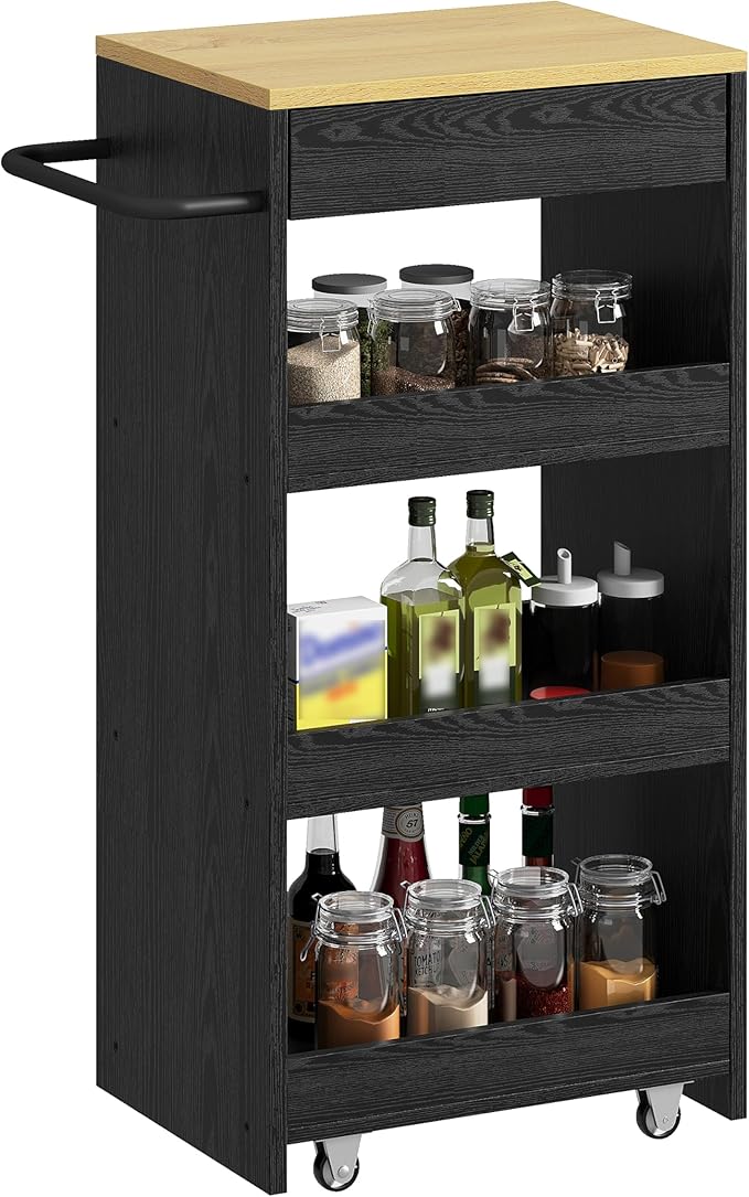 IRONCK Wood Storage Cart 15.8" W, 4 Tier Rolling Kitchen Cart on Wheels, Slide Out Utility Cart, Organizer Trolley with Handle, Drawer for Kitchen, Laundry, Bathroom, Black
