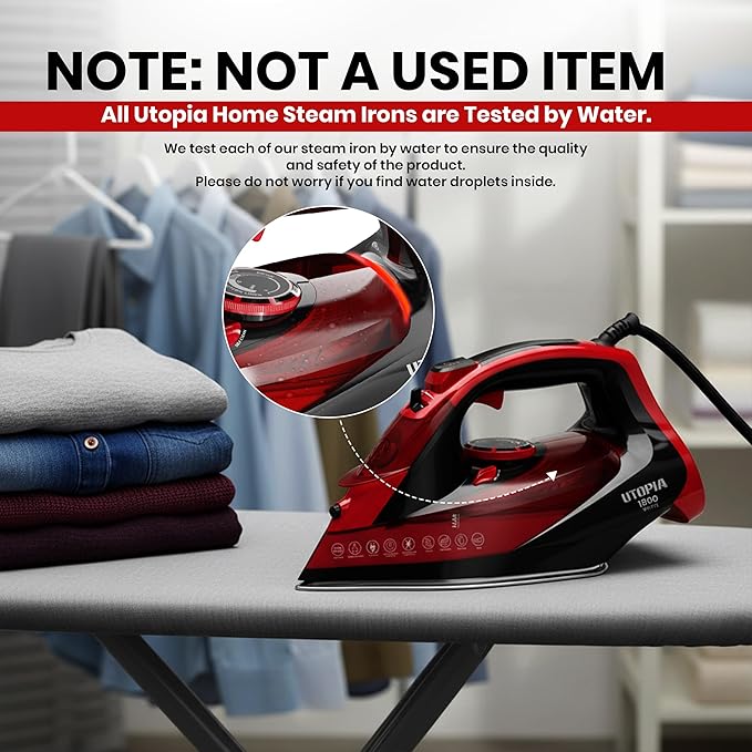 Utopia Home Steam Iron for Clothes - Non-Stick Soleplate - 1800W Clothes Iron With Auto-Off Safety Feature - Adjustable Thermostat Control, Variable Steam Control, Self-Clean, 8 Feet Cord (Black/Red)