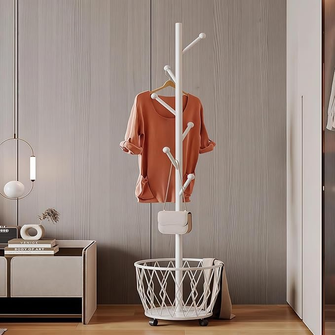Freestanding Metal Coat Rack Stand with Basket Modern Organizer for Scarf Jacket Hat Bags Ideal for Home Entryway Bedroom Corner Stable and Moveable tree (white)