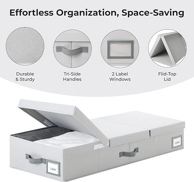 Cupic Cupid 7.5" Foldable Underbed Storage Box with Lid, 82L Large Under Bed Storage Containers with Reinforced Bottom for Comforters & Blankets, High Capacity Seasonal Bedding Organizer, 2 Pack,Grey