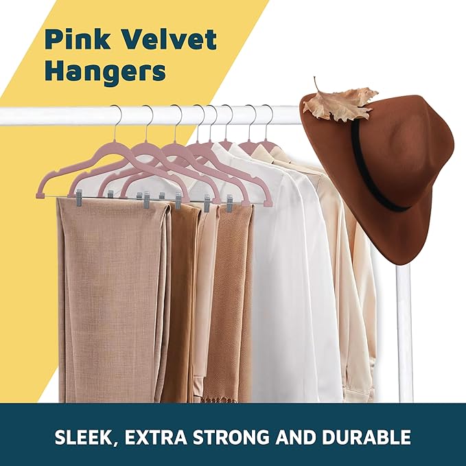 Lifemaster Velvet Pants Hangers – with Adjustable Clips, 360 Degree Swivel Hook, and Non-Slip Shoulder Notch, Holds Up to 10 lbs, for Organizing Skirt, Pants, Dress, and Clothes, Pack of 20, Pink