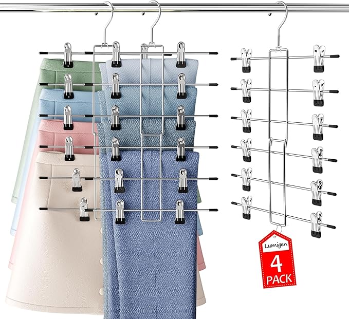 Pants Hangers-Closet Organizers and Storage-Hanging Closet Organizer-6 Tier-Skirt & Pants Hanger Space Saving-Durable Closets Organization Hanger-Skirt Hangers with Clips-4 Pack -Apartment Essentials