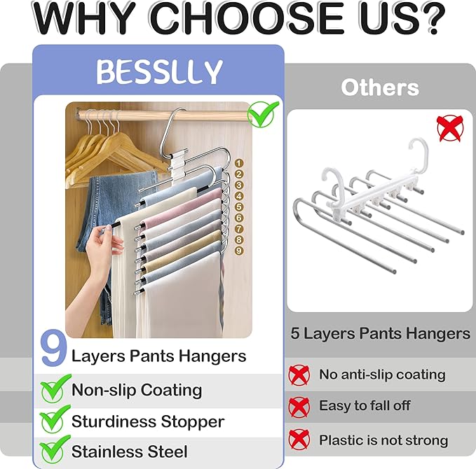 Upgrade Pant Hangers Space Saving, Non Slip Stainless Steel Multifunctional Pants Rack S-Type Clothes Pant Closet Hanger Organizer with Hooks for Pants Jeans Trousers Scarf Skirts (Pure White, 4 Pack)