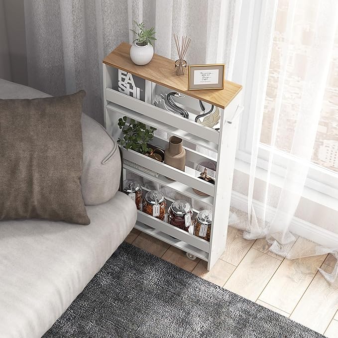 4-Tier Slim Rolling Storage Cart, Wooden Kitchen Utility Cart with Wheels & Handle, Space Saving Trolley, Slide Out Shelving Unit for Narrow Spaces, Laundry, Bathroom (White + Natural)
