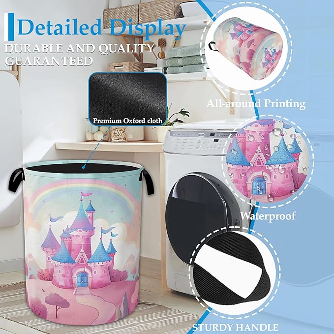 Pink Castle Large Storage Basket Collapsible Laundry Basket Oxford Storage Bin for Toy Bins Gift Baskets Bedroom Clothes Children Nursery Hamper 16" X 20.8"