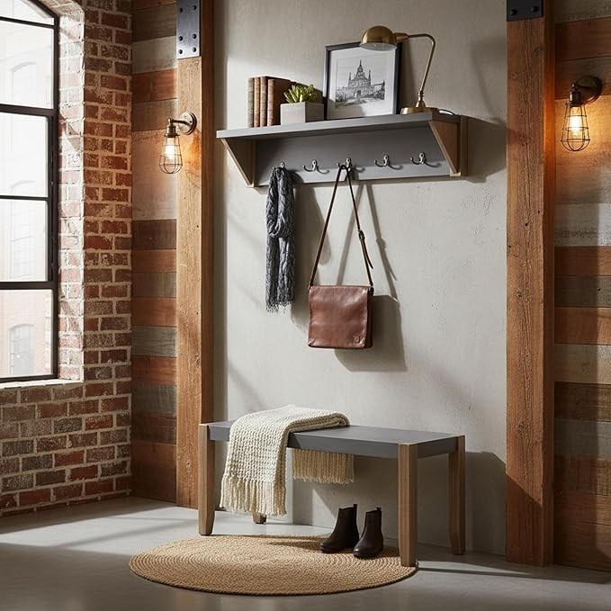 Alaterre Furniture Newport 40" Coat Hook with Shelf and Faux Concrete Bench Set