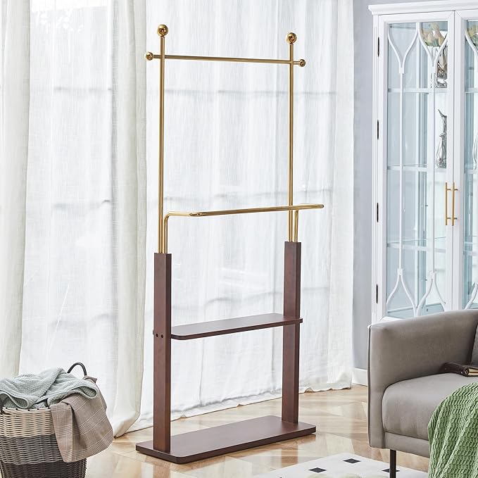 CHANCEE 68.9" Golden Stainless Steel and Walnut Solid Wood Double-Layer Coat Rack, Modern Freestanding Clothes Hanger with Storage Shelf, Multi-Functional Entryway Organizer Cabinet