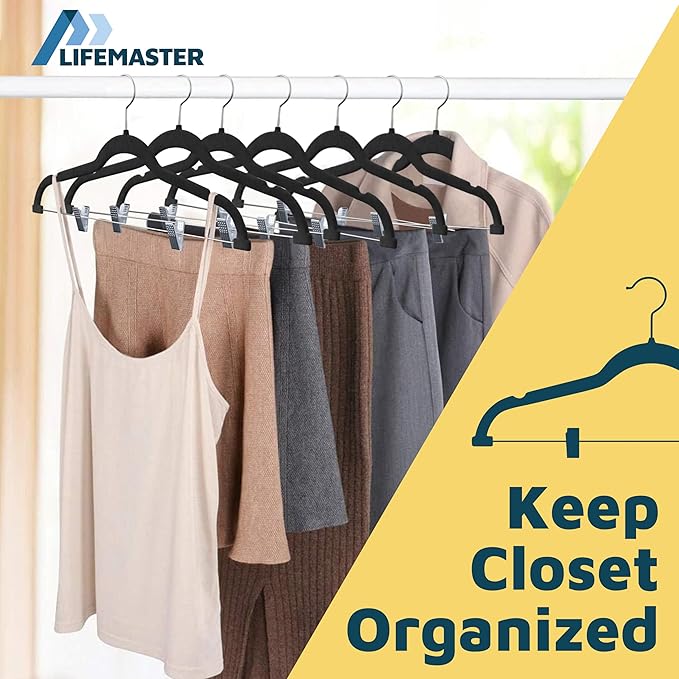 Lifemaster Velvet Skirt Hangers – with Adjustable Clips, 360 Degree Swivel Hook, and Non-Slip Shoulder Notch, Holds Up to 10 lbs, for Organizing Skirt, Pants, Dress, and Clothes, Pack of 20, Black