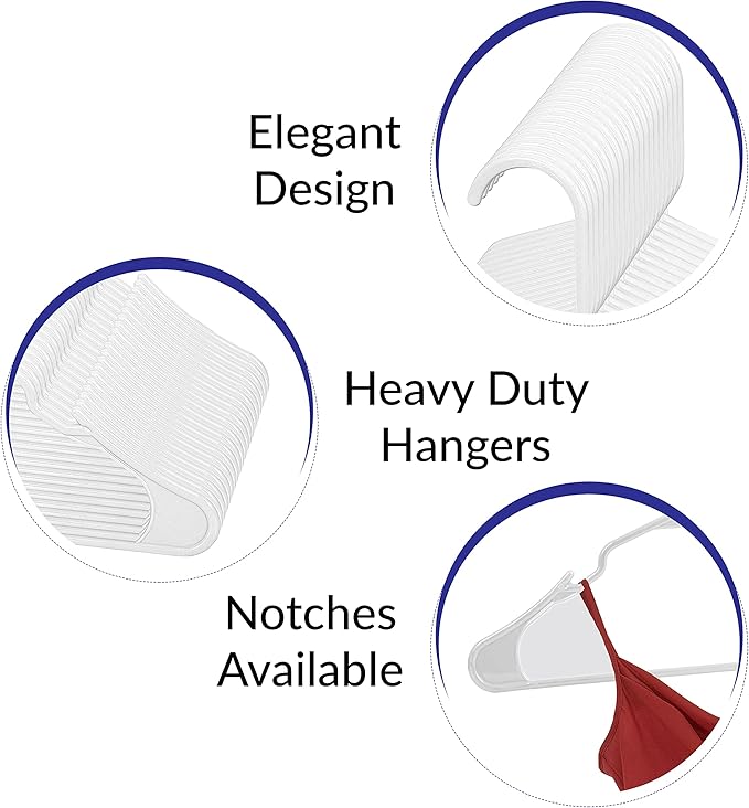 ROYALE 40 Pack White Plastic Hangers for Clothes - Heavy Duty Plastic Clothes Hanger Ideal for Everyday Standard Use - Lightweight & Space Saving Notched Plastic Hangers - Slim & Sleek Shoulder Groove