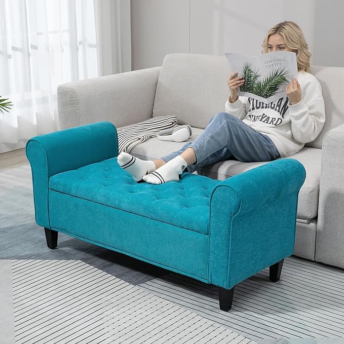 HOMCOM 50" Storage Ottoman Bench, Upholstered End of Bed Bench with Rolled Arms, Wood Legs, Button Tufted Storage Bench with Safety Hinges for Living Room, Entryway, Bedroom, Teal