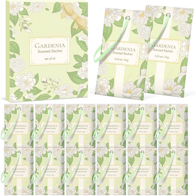 SCENTORINI Scented Sachets for Drawers and Closets, Gardenia Scent 14 Pack, Long-Lasting Sachets Bags, Closet Freshener Sachet for Wardrobe Freshener, Cupboard, Suitcases, Handbags