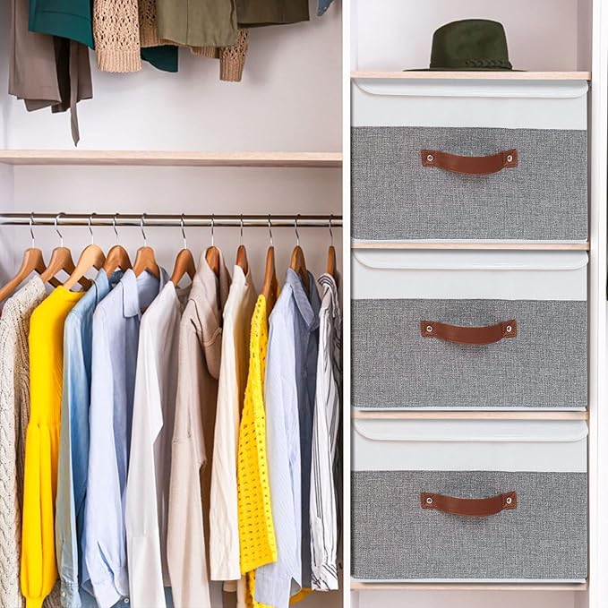Yawinhe Collapsible Storage Bin, Cube Organizer Basket, Fabric Box with Lids, Washable and Leather Handle, for Home, Closet, White/Grey, 13.0''Lx9.0''Wx7.9''H, 5-Pack, SNK024WGS-5