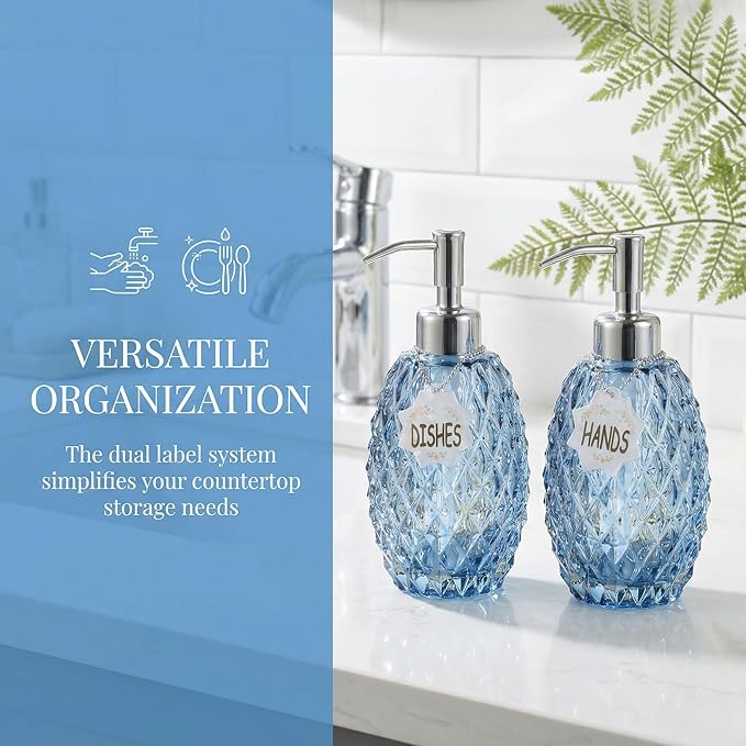 MALACHI Soap Dispenser Set, Crystal-Textured Diamond Glass with Rustproof Stainless Steel Pump, Dual-Labelled Hand & Dish Soap Dispenser for Kitchen & Bathroom