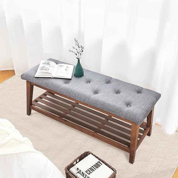 Upholstered Bench for Bedroom End of Bed,42.5-inch Entryway Bench for Living Room,Dining Bench with Padded Seat and Solid Wood Leg for Kitchen Bedroom,Indoor and Hallway (Shoe Bench, Grey)
