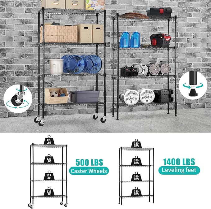YRLLENSDAN Storage Shelves with Wheels, Heavy Duty 4 Tier Garage Storage Rack, Adjustable Wire Shelving Unit, Metal Shelf Organizer for Pantry, Kitchen, Basement, 36" W x 14" D x 62" H, Black