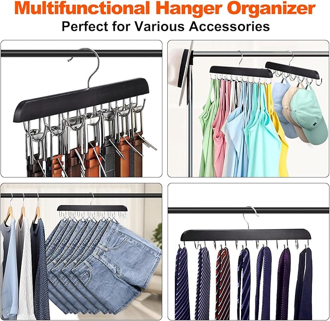 2 Pack Bra Hanger, Wooden Tank Top Hangers with 14 Foldable Hooks, Bra Hanger for Closet Organizer，Premium Wooden Space Saving Hangers Closet Organizers and Storage for Dorm & Apartment (Black)