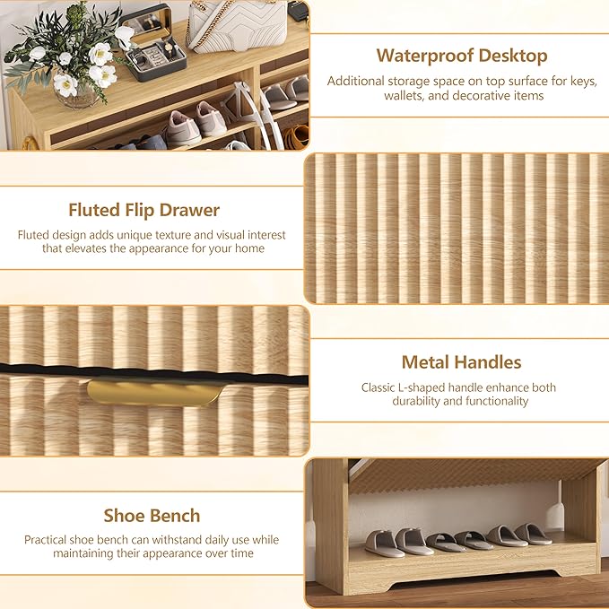 Shoe Cabinet Storage for Entryway with 2 Flip Drawers, Fluted Shoe Cabinet with Open Storage, Wooden Hidden Shoe Rack Freestanding Narrow Slim Shoe Organizer for Hallway, Entrance