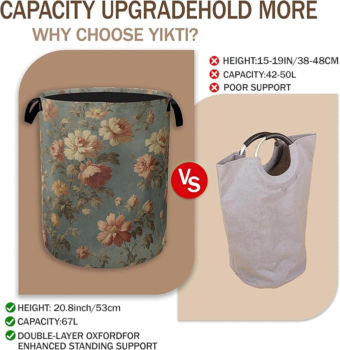 Vintage Rose Flower Laundry Hamper,Retro Floral Clothes Hamper for Laundry,Waterproof Oxford Toy Storage Collapsible Hampers for Bedroom, Dorm Room,Bathroom,16x20 Inch