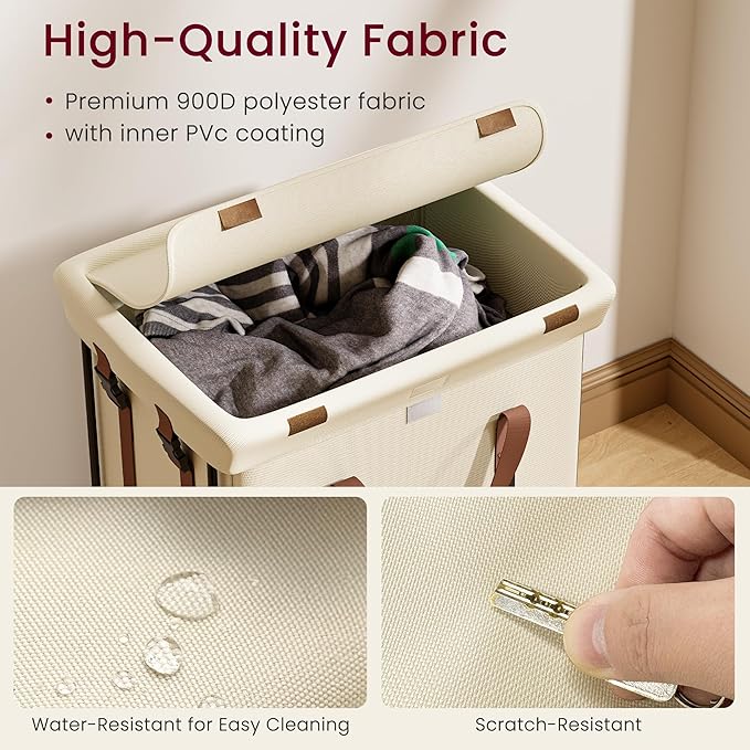150L Rolling Laundry Basket with Wheels, Double Laundry Hamper with Lid and 2 Removable Bags, 2 Section Large Dirty Clothes Hamper for Laundry Room Bedroom Bathroom Dorm 19.7"Wx15.7"Dx31.9"H, White