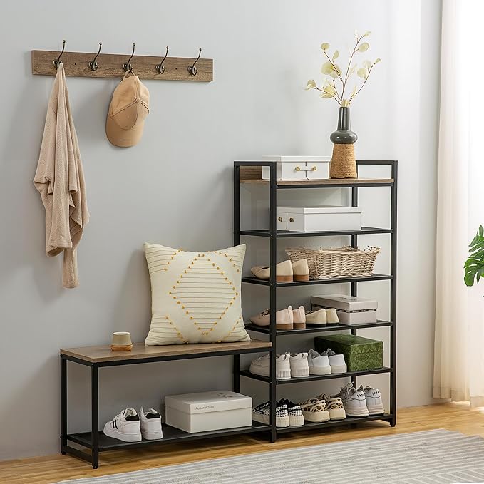6-Tier Coat Rack Shoe Bench Set, Entryway Bench with 6 Hooks Coat Rack, Hall Tree and Shoe Storage for Entryway, Hallway, Garage, Bedroom (Vintage Grey)