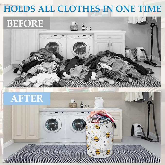 Bee Cartoon Laundry Basket Collapsible Oxford Organizer Basket for Storage Bin Toy Bins Gift Baskets Bedroom Clothes Children Nursery Hamper 16 X 20.8 Inch