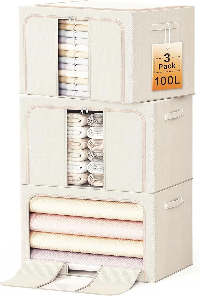 Clothes Storage Bins with Metal Frame Foldable Storage Box Clothes Organizers Storage Containers for Clothes Sheets Blankets Books Toys Gifts and Holiday Decorations (100Lx3 Pack) Beige