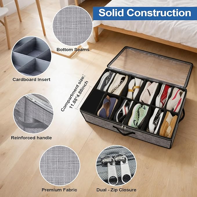 2 pc Sturdy Under Bed Shoe Storage Organizer, Underbed Shoes Closet Storage Solution with Clear Window, Breathable, With 1 Sock Bag and 20 Disposable Shoe Bags Fit 12 to 24 Pairs, Linen-like Black