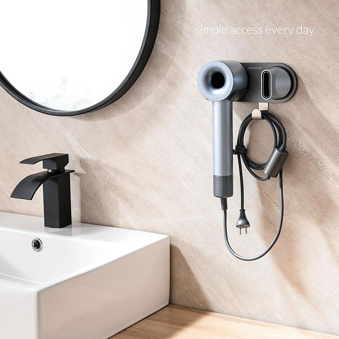 simpletome Hair Dryer Holder Wall Mount for All Magnetic High Speed Blow Dryer with Plug Cord Organizer Hook (Aluminum Alloy, Grey)
